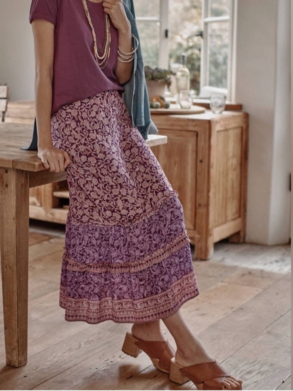 J. Jill Floral Mixed Print Ruffled Tiered Skirt-Mulberry Purple-Women Large